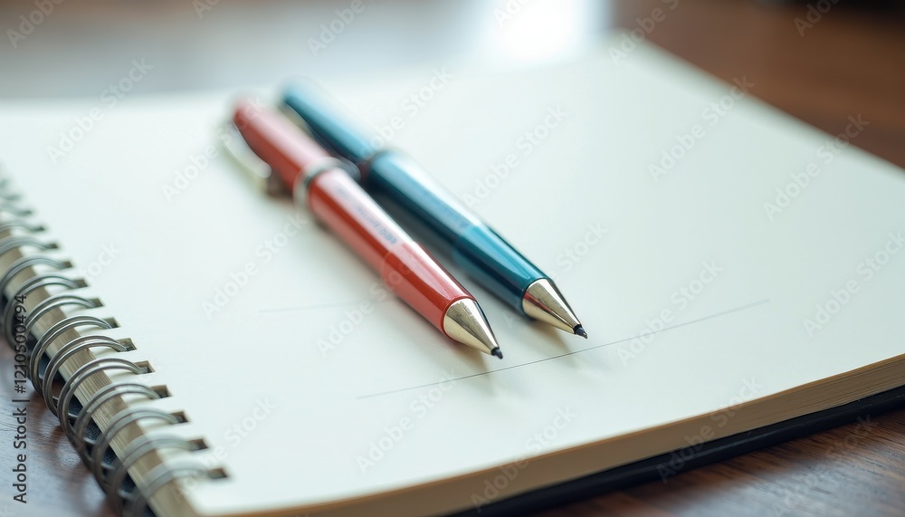 Blurred Background: Two Colored Pens on a Spiral-Bound Notebook on a Wooden Table Blurred Background: Two Colored Pens on a Spiral-Bound Notebook on a Wooden Table