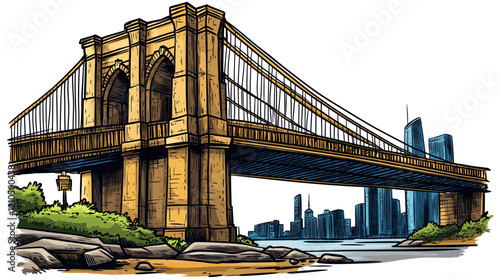 Brooklyn bridge in New York. Vector comic hand-drawn illustration of Brooklyn bridge