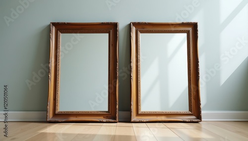 Vinta Mirrors on Wooden Floor in Light Blue Room with Intricate Wooden Frames photo