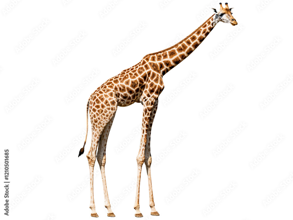 Fototapeta premium A giraffe with its head turned to the side, showcasing its distinctive neck and legs, on a transparent background