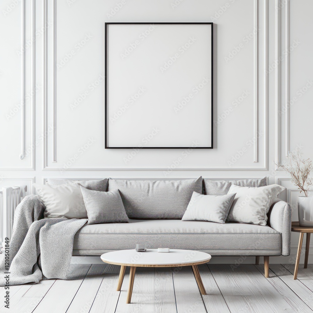 Scandinavian-style living room interior with a blank poster frame on the wall, a grey sofa and coffee table, white wooden floor planks, modern home decor, minimalist design, minimalistic decoration. Scandinavian-style living room interior with a blank poster frame on the wall, a grey sofa and coffee table, white wooden floor planks, modern home decor, minimalist design, minimalistic decoration.