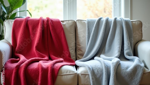 Cozy Living Room Scene: White Couch, Potted Plant, Natural Light Through Window photo