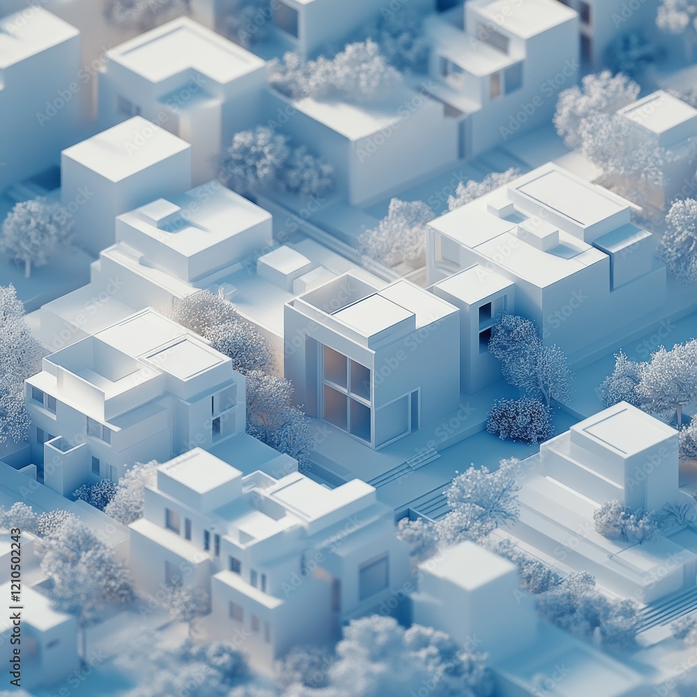Fototapeta premium 3D visualization style, C4D model, isometric, macro, macro lens, architectural, white and blue, precise, minimalist style, data visualization,8k 
