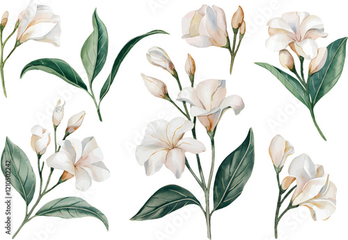 Jasmine watercolor clipart set. Hand Drawn Watercolor Jasmine Flowers and green leaves vector isolated on white background.