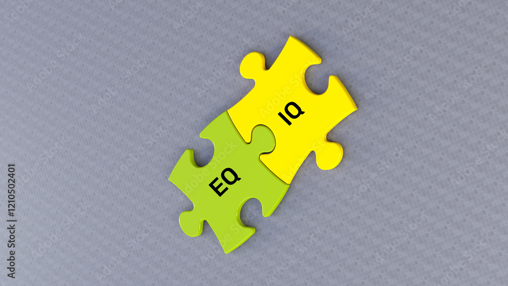 Obraz premium EQ and IQ text message on jigsaw puzzle. Gray background and green yellow puzzle