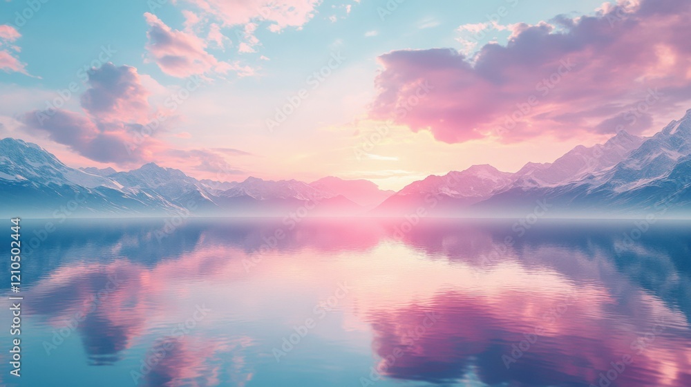 Obraz premium Pink Sunset Over Mountain Lake Reflection, Calm Scene, Beautiful Landscape, Generated AI