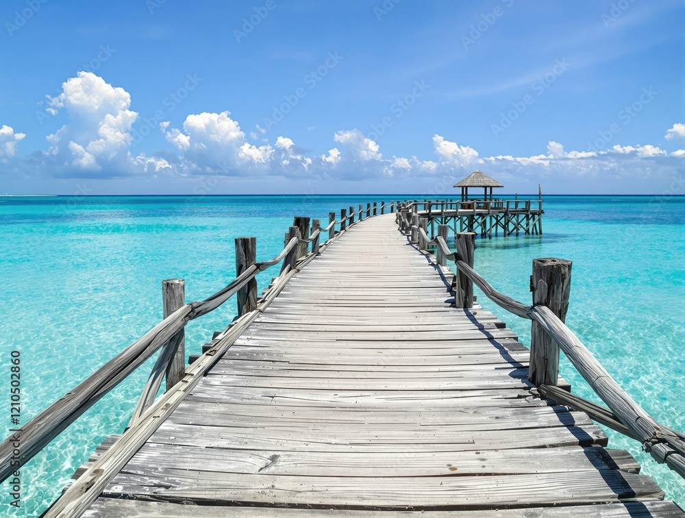 Obraz premium Aged wooden bridge with a view of the open sea, nostalgia, ancient