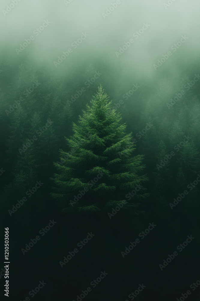 Misty Forest Scene: Single Pine Tree Misty Forest Scene: Single Pine Tree