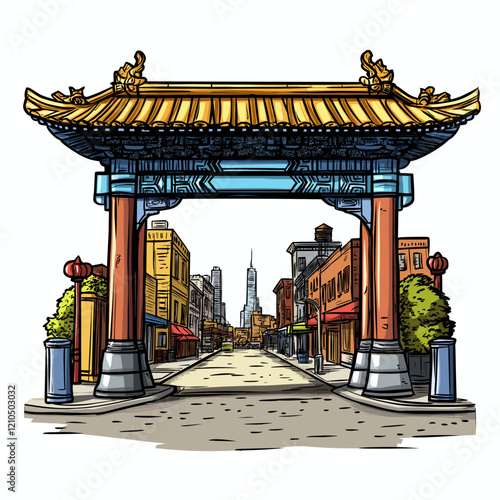 Vector comic hand-drawn illustration of Chinatown gate. Chinatown gate in New York