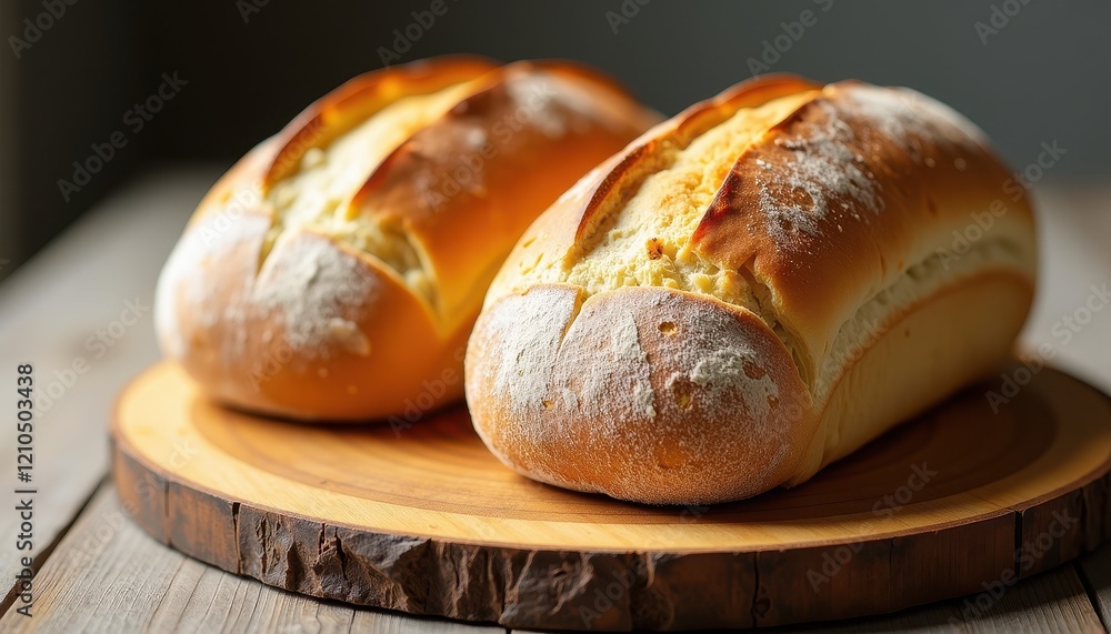 Golden-Brown Loaves on Rustic Wooden Board: Fresh Baked Bread Showcase Golden-Brown Loaves on Rustic Wooden Board: Fresh Baked Bread Showcase