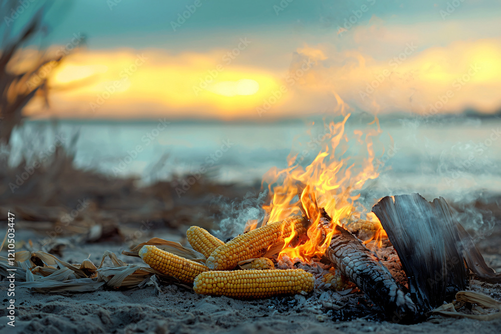 Fototapeta premium smoky corn cobs on beach bonfire