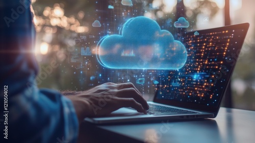 A remote worker participating in a cloud-based virtual meeting, accessing shared files and project updates via a laptop, staying connected from a home office