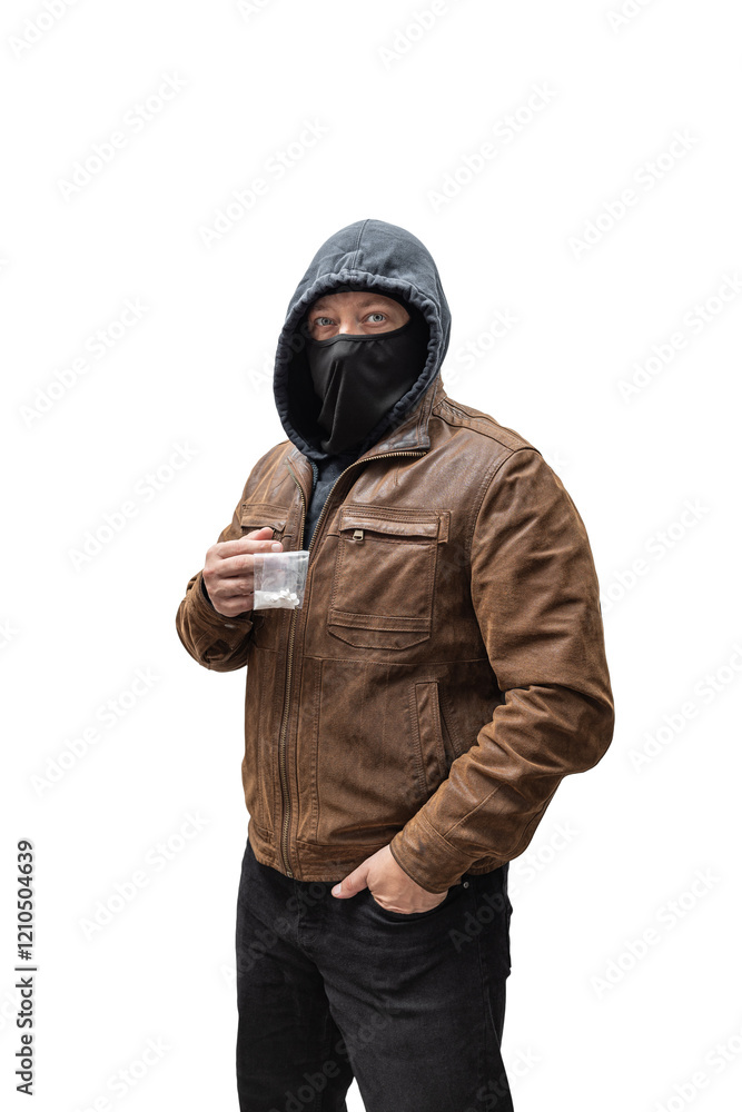 Drug dealer, dangerous hooded criminal man in black mask and brown leather jacket holding transparent plastic bag with drugs, isolated on transparent background Drug dealer, dangerous hooded criminal man in black mask and brown leather jacket holding transparent plastic bag with drugs, isolated on transparent background