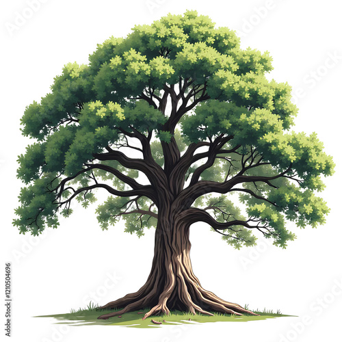 Majestic Tree Art_ Large Tree, Roots, Green Leaves, Isolated Image