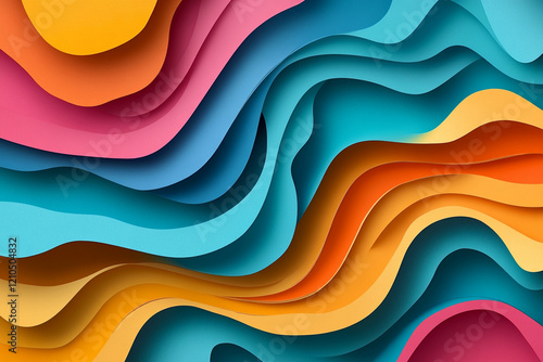 Colorful Abstract Paper Art with Layered Waves and Dynamic 3D Design