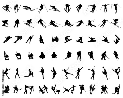 Set of black silhouettes of winter sports on a white background	