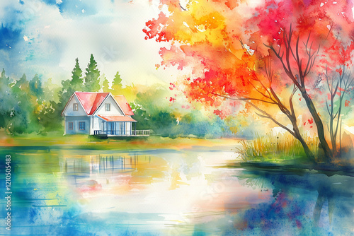Autumn Lake House with Vibrant Red and Orange Foliage Reflections