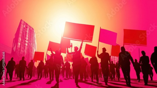 Silhouette of a large group of people marching with signs, set against a vibrant sunset backdrop, suggesting a protest or demonstration