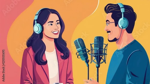 Podcast Hosts in Studio with Microphones and Headphones