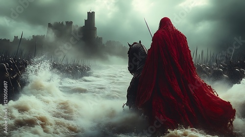 Red-cloaked knight on horseback leads army across stormy water towards castle. photo