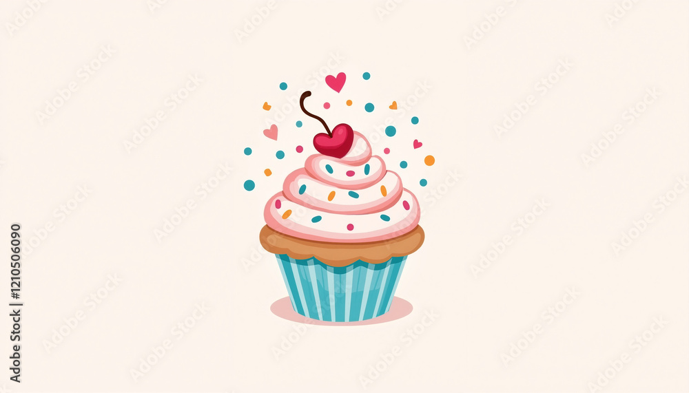 Colorful cupcake with cherry and sprinkles on light background Colorful cupcake with cherry and sprinkles on light background