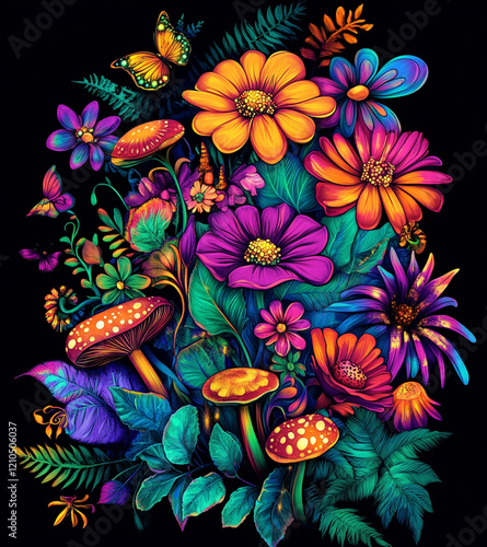 Vibrant Floral Bouquet with Mushrooms and Leaves