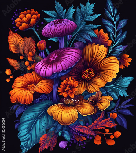 Colorful Abstract Flower Arrangement on Black Background