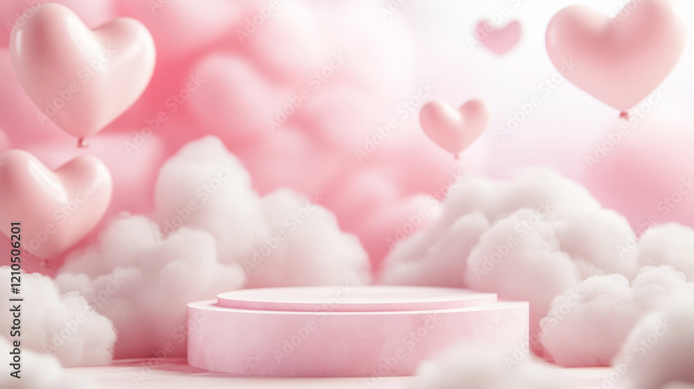 delicate, pink background with a two-tiered podium for Valentine's Day with clouds delicate, pink background with a two-tiered podium for Valentine's Day with clouds