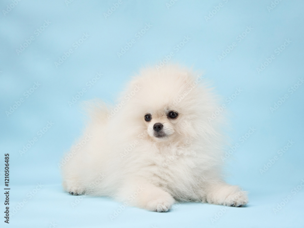A small white Pomeranian puppy lies on a light blue background. The image captures the puppy fluffy coat and adorable face. A small white Pomeranian puppy lies on a light blue background. The image captures the puppy fluffy coat and adorable face.