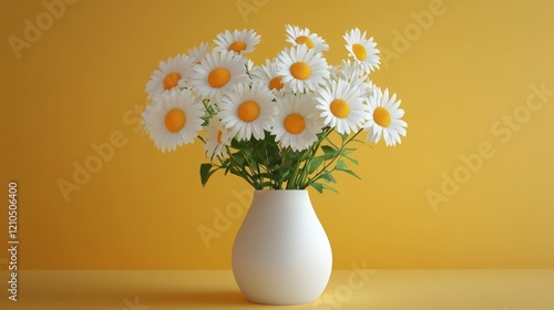 Wallpaper Mural Fresh daisies in a white vase, minimalist design, bright yellow background, clean and cheerful composition, high detail Torontodigital.ca