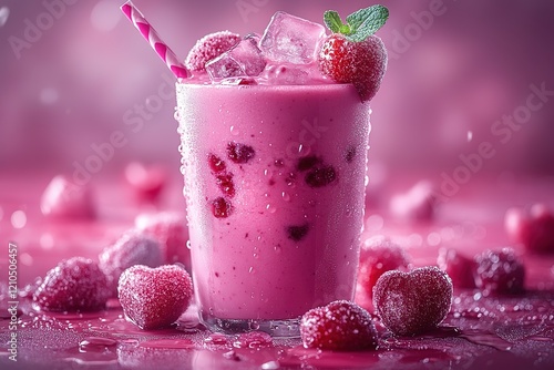 Refreshing pink berry smoothie with ice and sugared berries. Perfect summer treat! photo