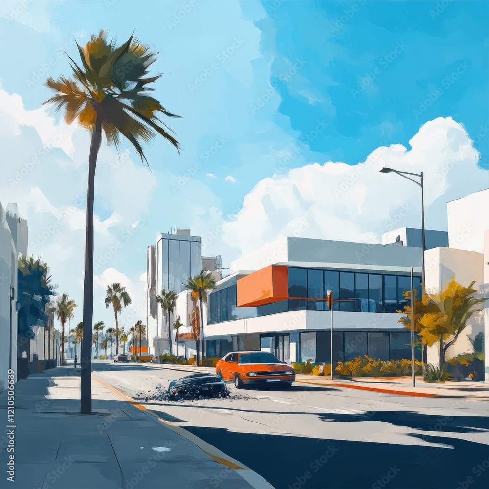 Naklejka premium modern street, side walk on the left side of the image, a breaking car on the road, modern building behind, illustrator