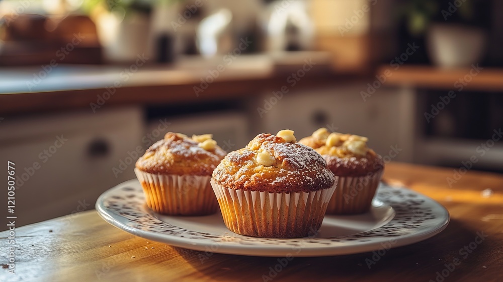 Freshly baked muffin with golden top, placed on plate, warm and inviting, cozy kitchen atmosphere, delicious and comforting Freshly baked muffin with golden top, placed on plate, warm and inviting, cozy kitchen atmosphere, delicious and comforting