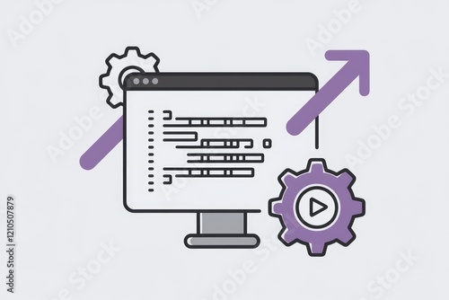 Software development, code optimization, and growth visualized with gears and upward arrows. photo