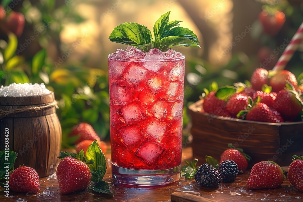 Refreshing strawberry drink with ice, garnished with mint, alongside fresh strawberries and blackberries. Refreshing strawberry drink with ice, garnished with mint, alongside fresh strawberries and blackberries.