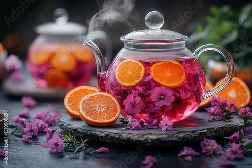 Glass teapot of steaming floral tea with citrus slices.  Aromatic and visually stunning beverage. photo