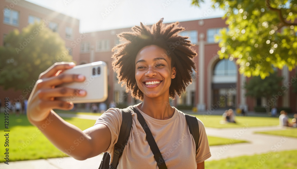 Joyful Black woman taking a selfie in university courtyard, celebration