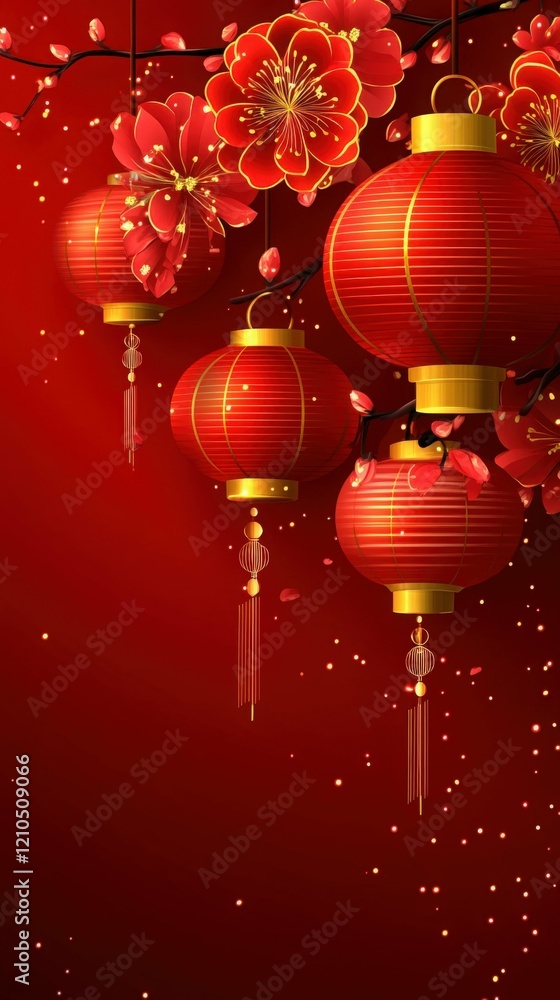 Red Chinese Lanterns with Flowers for Lunar New Year Celebration, Generated AI Red Chinese Lanterns with Flowers for Lunar New Year Celebration, Generated AI