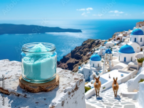 Turquoise salt jar overlooking santorini's iconic blue domes and aegean sea photo