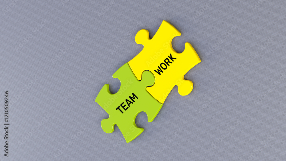 Obraz premium Team and Work text message on jigsaw puzzle. Gray background and green yellow puzzle