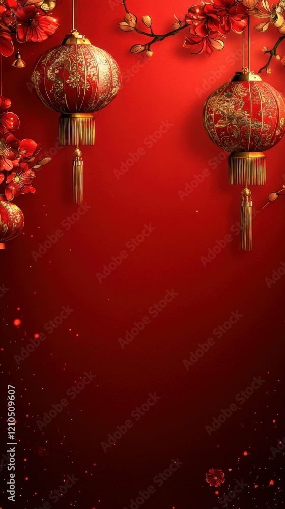 Red Chinese lanterns and blossom on red background, festive celebration art, Generated AI Red Chinese lanterns and blossom on red background, festive celebration art, Generated AI