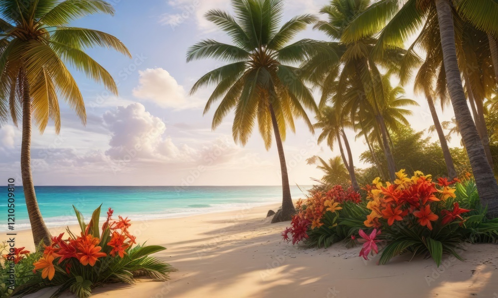 Fototapeta premium A vibrant bloom of tropical flowers against a backdrop of sandy beach and palm trees, sunset , nature, exotic flower