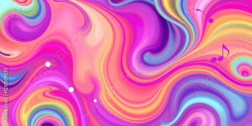 A vibrant background composed of swirling shapes and colors that resemble music notes creating a sense of movement and energy, graphics, sheet music