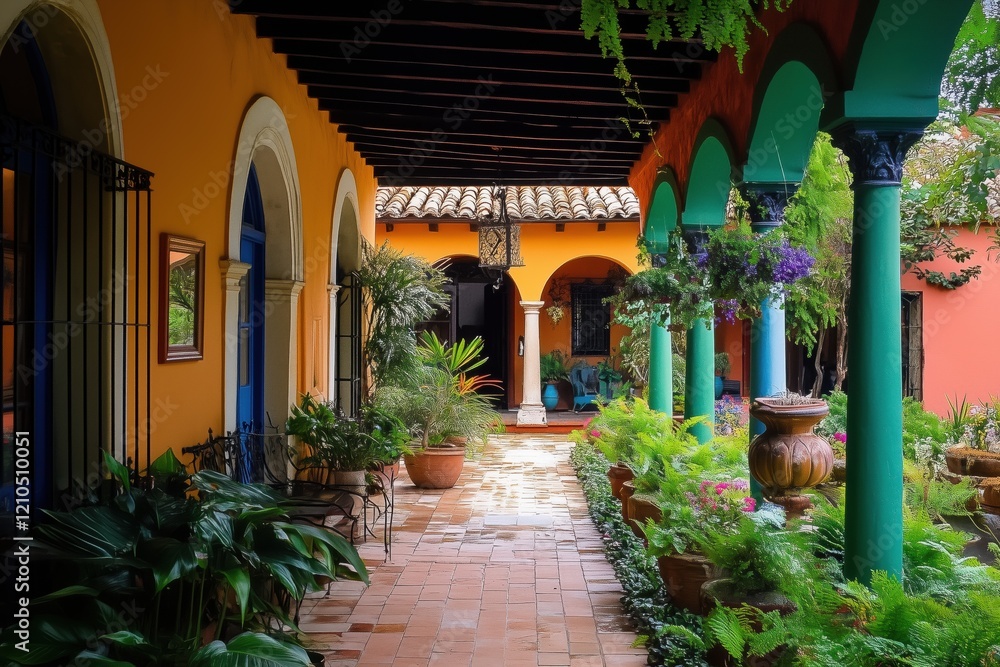 Fototapeta premium A vibrant Spanish Colonial house style courtyard featuring colorful walls, lush greenery, and decorative plants. The architecture includes arches and terracotta tiles, creating a serene atmosphere.