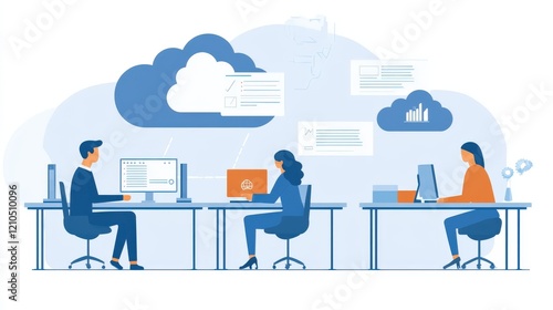 A tech team monitoring cloud security protocols in a control room, ensuring data protection and compliance while office employees use cloud systems in the background