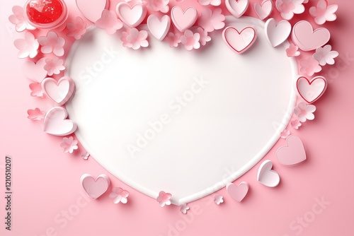 Heart-shaped white space with pink and white hearts and flowers background, decorative border, digital illustration photo