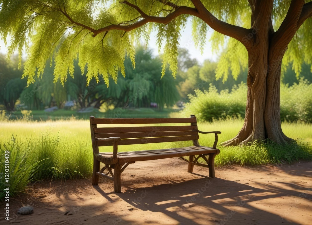 A weathered wooden bench sits alone under a leafy willow tree on a warm summer afternoon, serene atmosphere, summer afternoon A weathered wooden bench sits alone under a leafy willow tree on a warm summer afternoon, serene atmosphere, summer afternoon