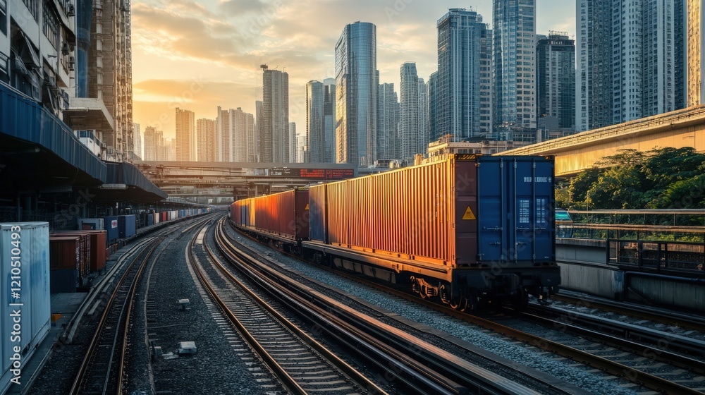 Fototapeta premium A train carrying cargo containers through a city, with urban skyscrapers in the background, showing the integration of rail transport in city logistics