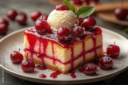 Delicious cake slice topped with cherries and ice cream. A perfect dessert! photo