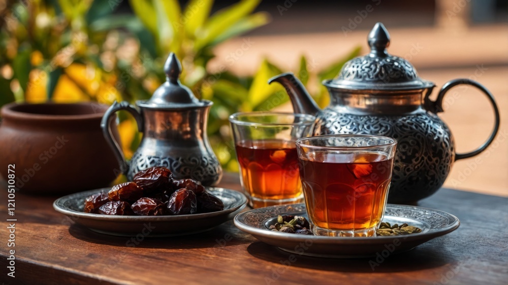 Turkish tea on the table, served with date fruits. one of sunnah food for breakfasting. Conceptual still life with Ramadhan vibes concept Turkish tea on the table, served with date fruits. one of sunnah food for breakfasting. Conceptual still life with Ramadhan vibes concept